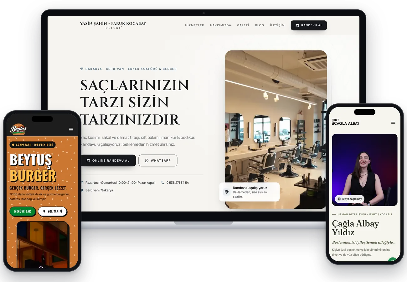 RAWS MEDIA'nın yaptığı siteler: Yasin Şahin · Faruk Kocabay Deluxe dizüstünde, Beytuş Burger ve Çağla Albay Yıldız telefonda